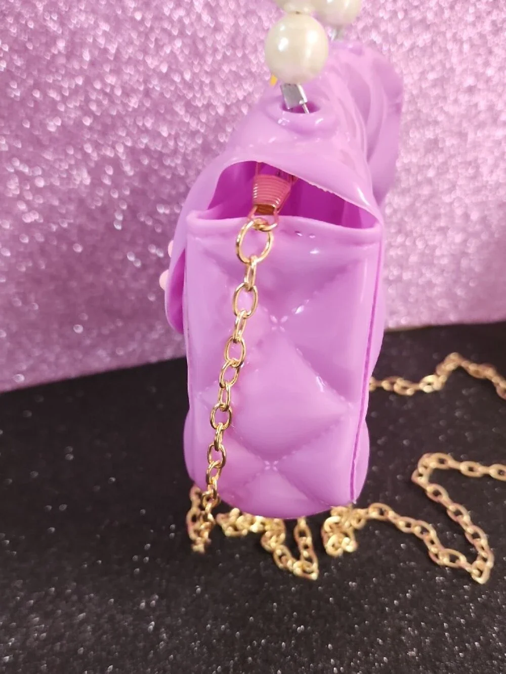 Kids Purple Unicorn Pearl-Handle Mini Bag with Gold Chain